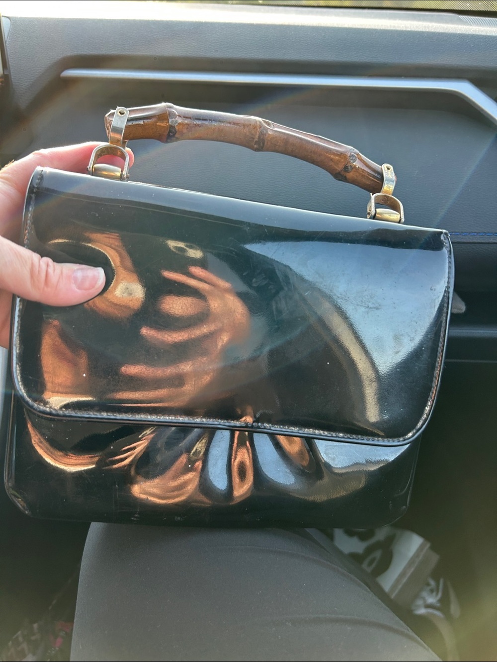 Vintage patent leather black purse with bamboo handle 70s